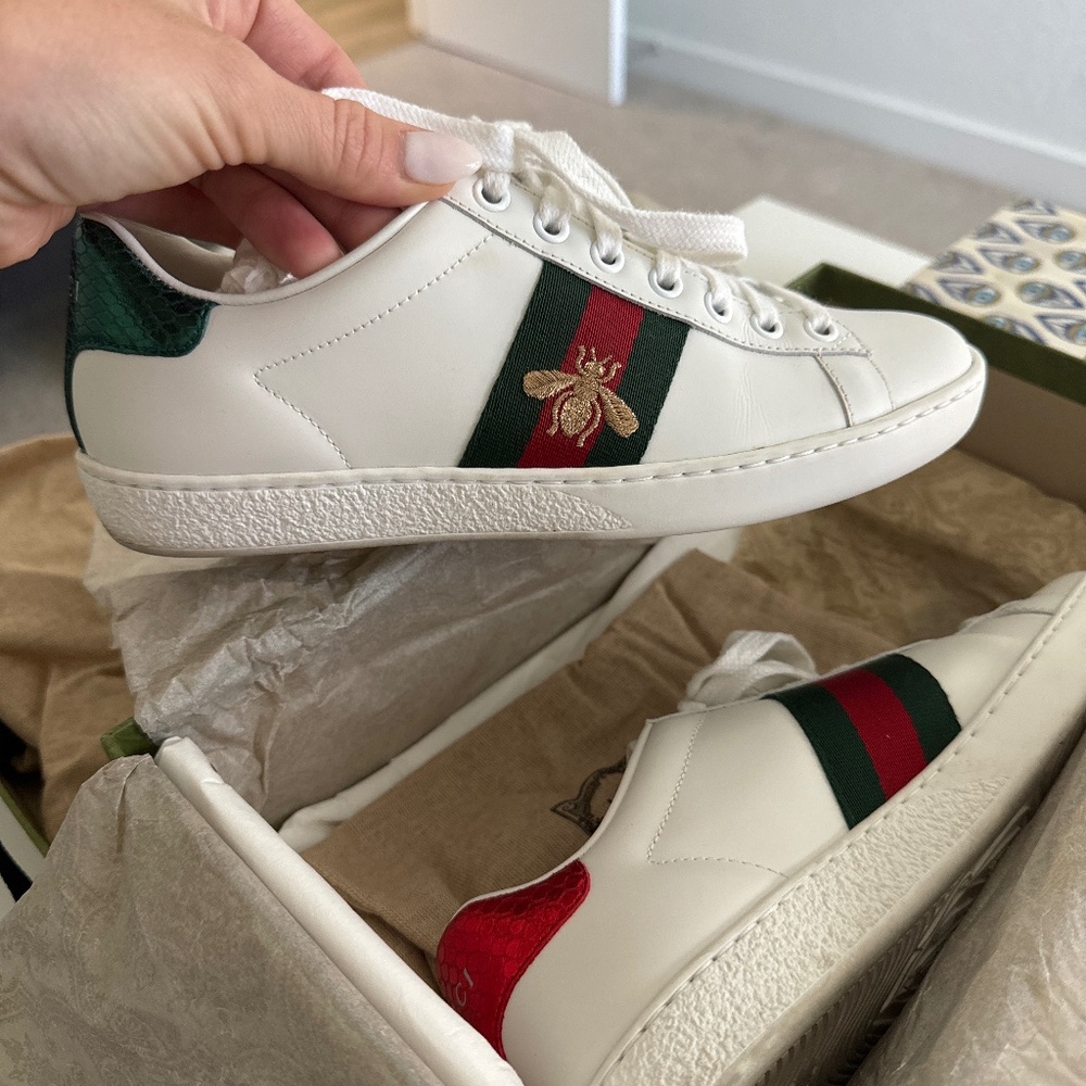 Gucci Ace Web Embroidered Bee Motif White Leather Sneakers